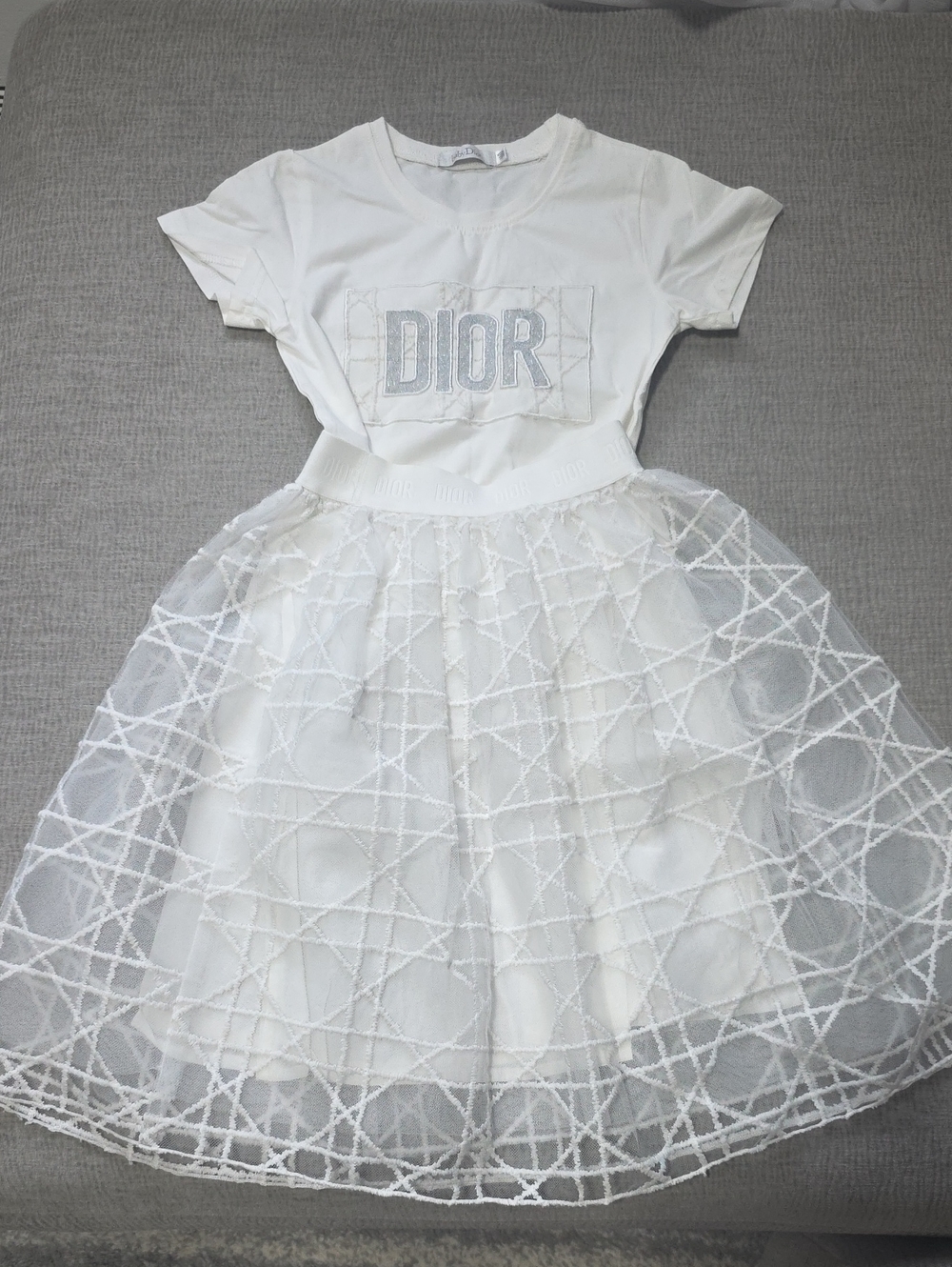 D Logo White Embroidered Logo Tee with White Mesh Overlay Skirt